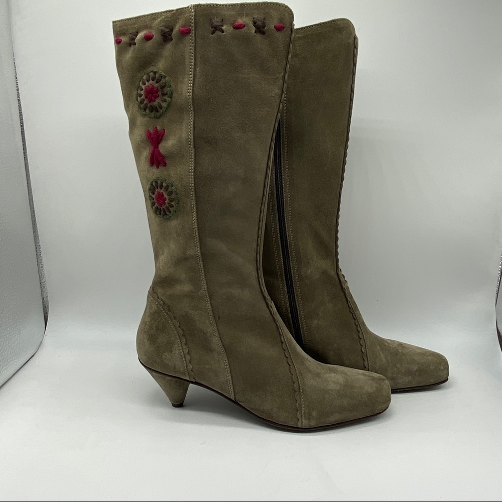 Olive Embroidered Heeled Boots